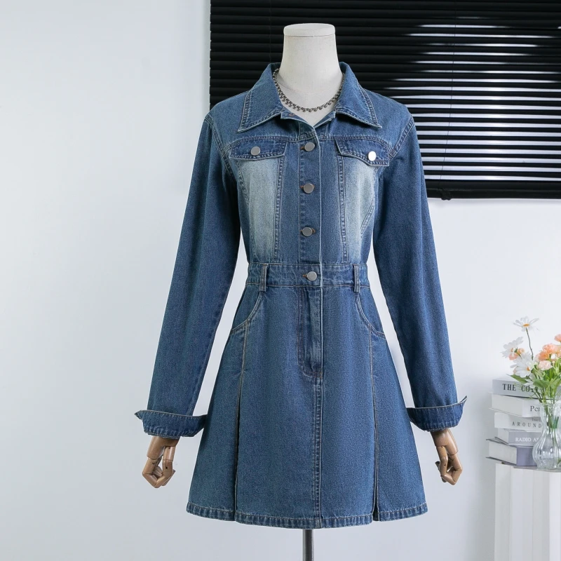 

3XL Oversized Denim Shirt Dresses Women Autumn Winter European Vintage High Waist Long Sleeve Ladies Short Jean Dresses Mini