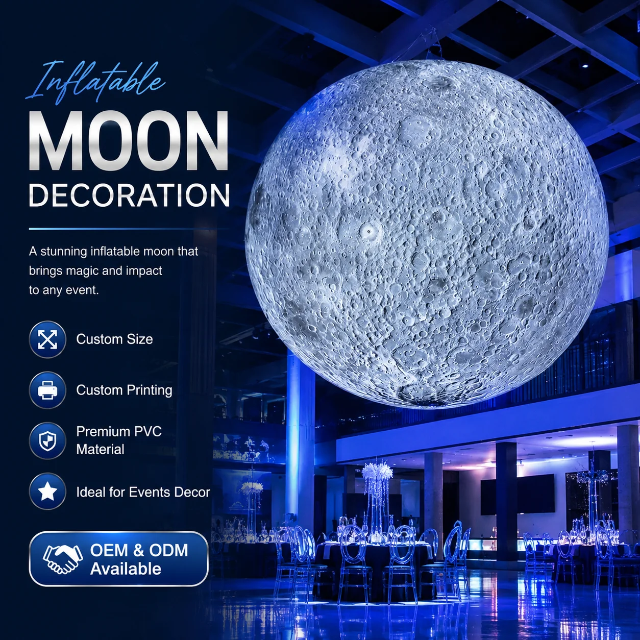 LED Inflatable Moon Globe Balloon (2m-6m), Heavy-Duty Air-Sealed Glowing Planet Sphere, Giant Hanging Moon Replica for Stage Eve