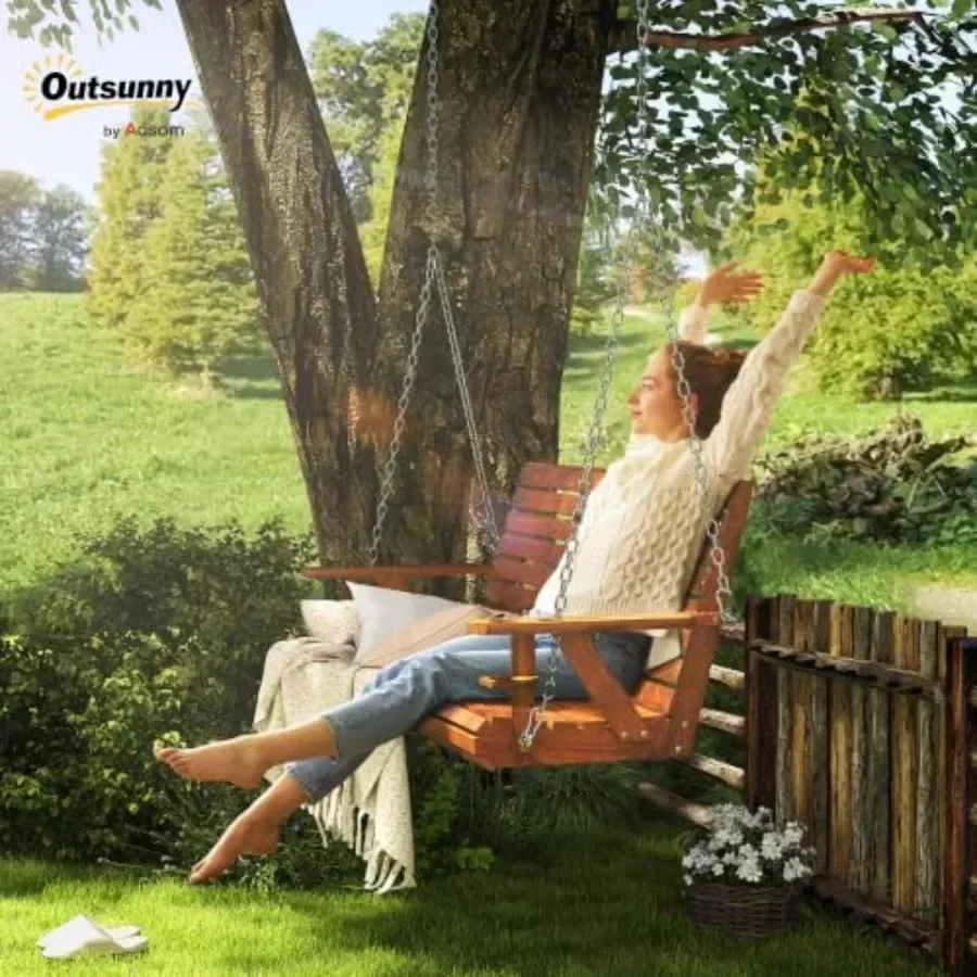 Upgraded wooden porch swing for outdoor use, natural wood finish, weather-resistant construction with 3-seater capacity and bui