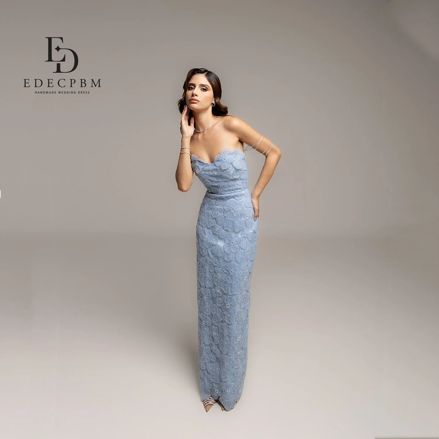 EDECPBM ブルー 高級感のある女性用イブニングドレス 特別な機会に最適 プロムドレス オフショルダー 3Dフラワー カスタマイズ可能