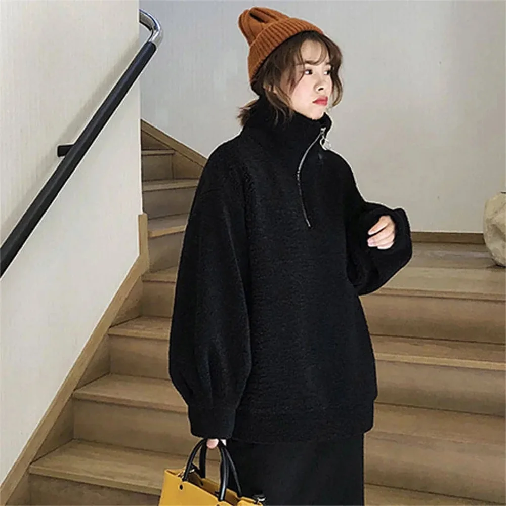 Imitation Lamb Wool ins Versatile Zipper Pullover Hoodie Women Winter Korean version loose Lazy Style Lamb Wool jacket Trendy