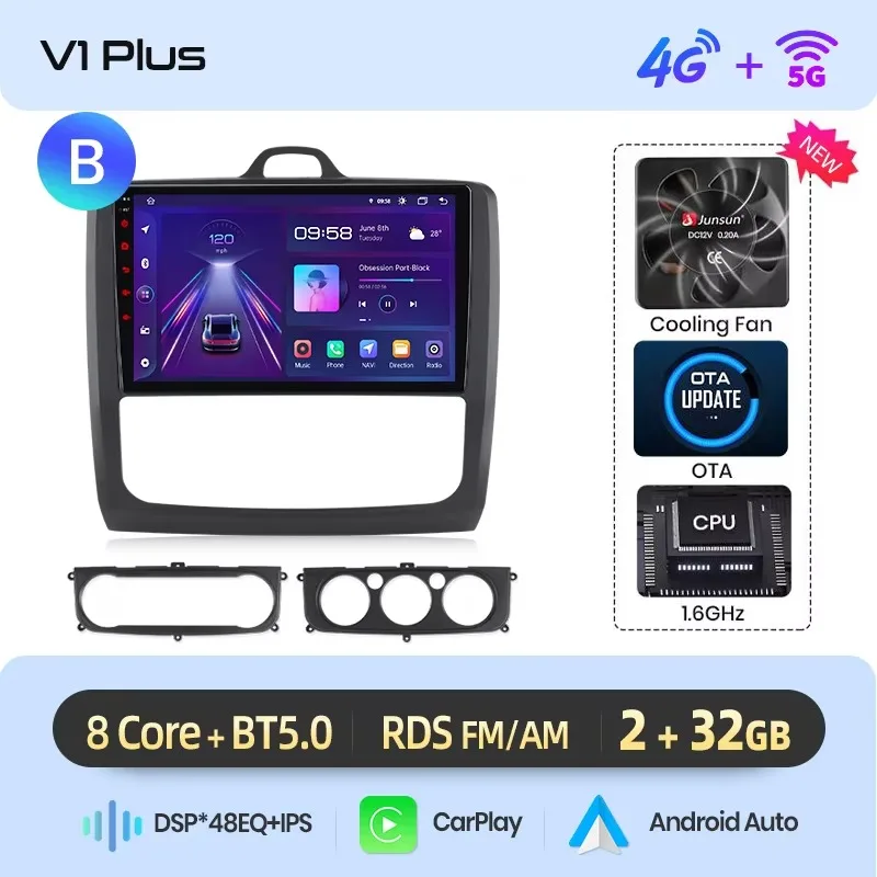 Junsun draadloze CarPlay Android Auto autoradio voor Ford Focus Mk2 (C307) 2004-2011 met ingebouwde koelventilator, Android GPS navigatie, multimediaspeler, WiFi, DSP, RDS, BT, SWC, IPS touchscreen,