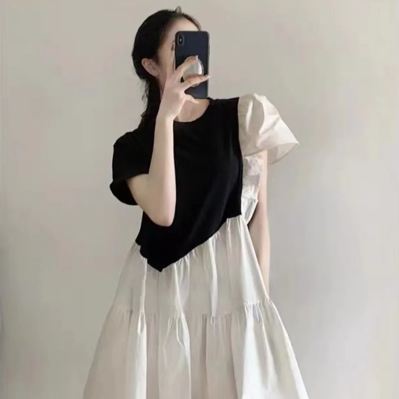 

2024 Summer New Small Fragrant Wind Fake Two White Bubble Sleeve Dresses Round Neck Short Sleeve A-line Skirts