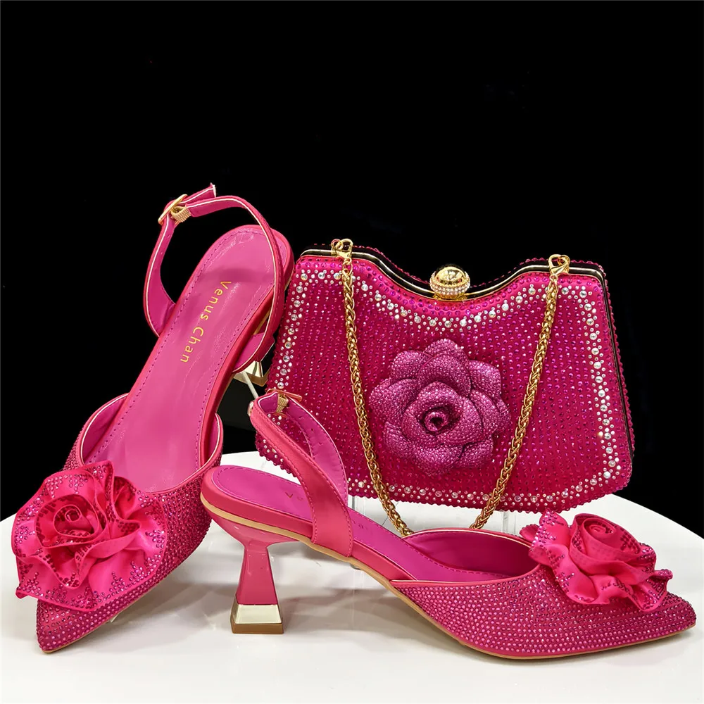 Elegant Women's Party Shoes Luxury Full of Diamonds Shoes Fuchsia Color Pointed High Heel Shoe Bag Set