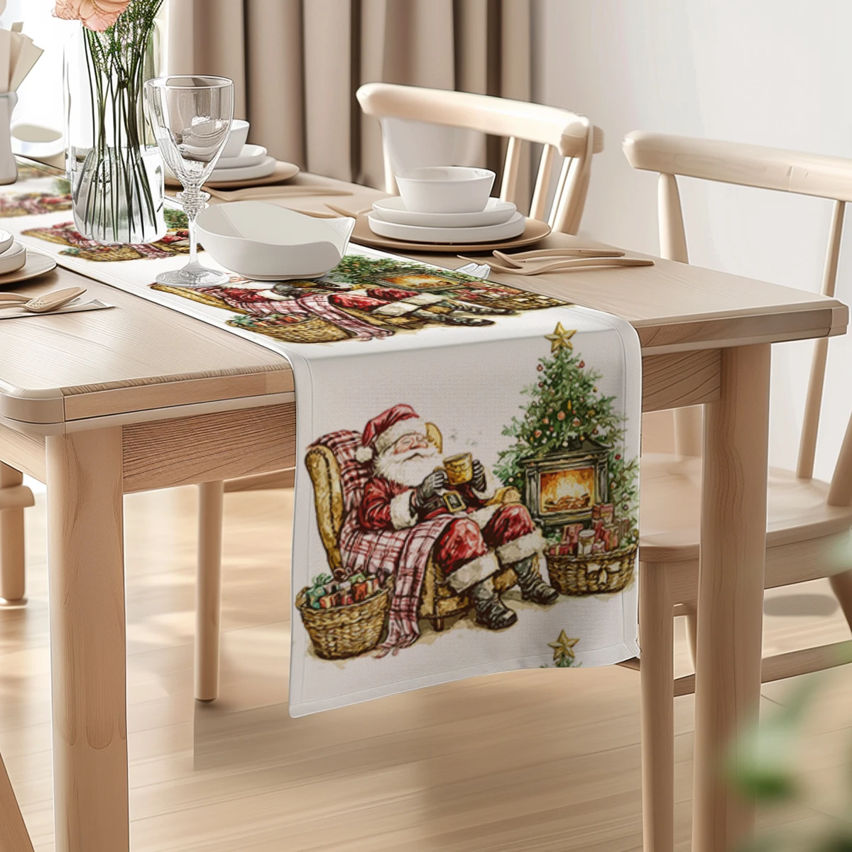 Christmas Watercolor Santa Table Runner Rustic Dining Table Decorations Table Runners for Wedding Party Coffee  Hotel Home Decor