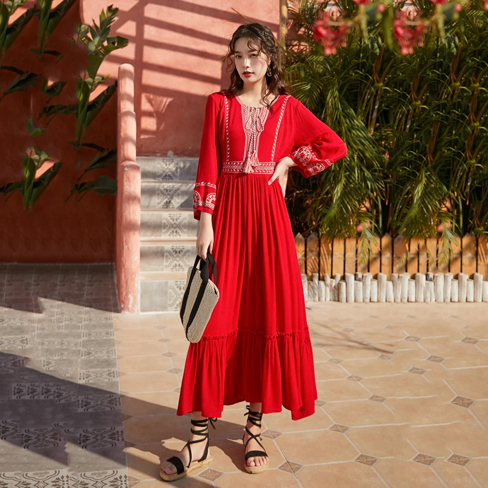 Seaside Holiday Ethnic Style Dress Female Desert Travel Red Long Dresses Super Fairy Thin Beach Dress