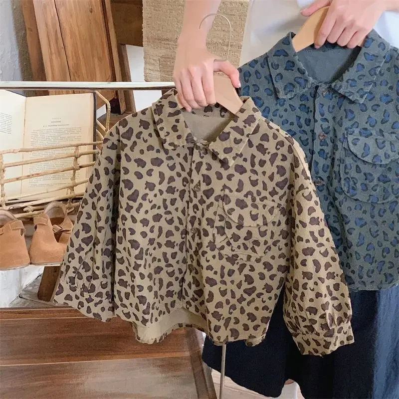 Boy Loose Coat Spring Autumn New 2024 Retro Long Sleeves Leopard Print Cardigan Tops Casual Simple Fashion Sweet Korean Active