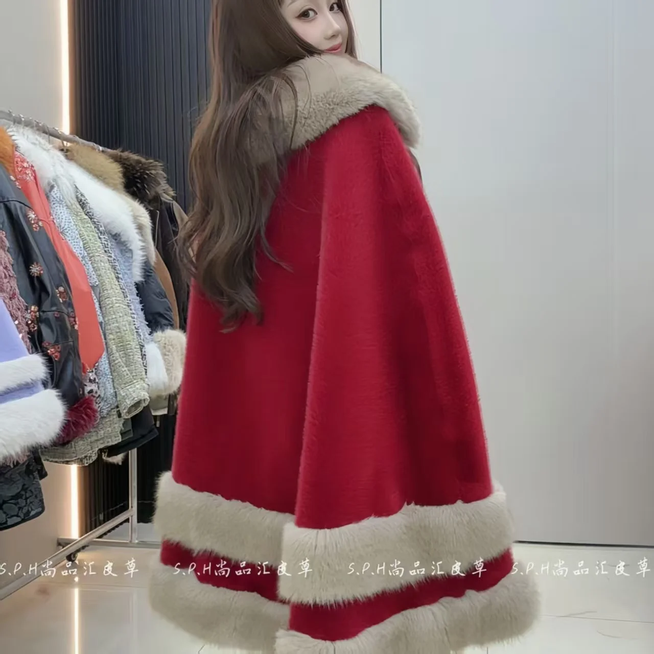 Women's Winter Thick Warm Red Coat Turn-down Collar Cape Long Fur Jacket for Cold Weather