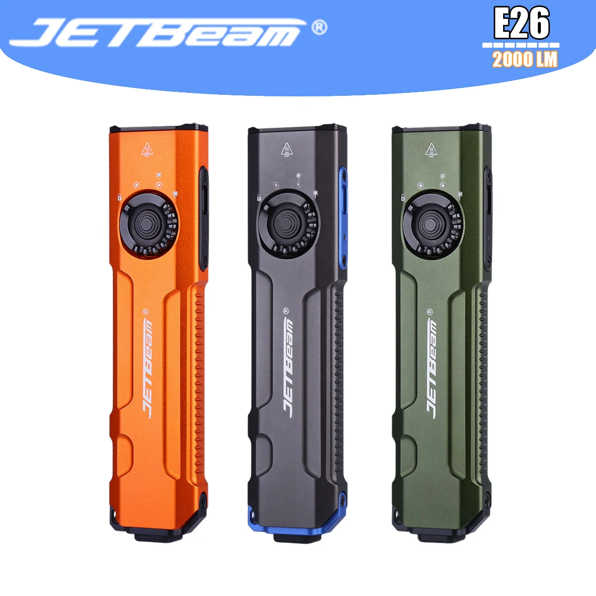 JETBeam E26 EDC Ultra High Strength Tactical Flashlight Ultra White LED 2000LM With Battery For Camping