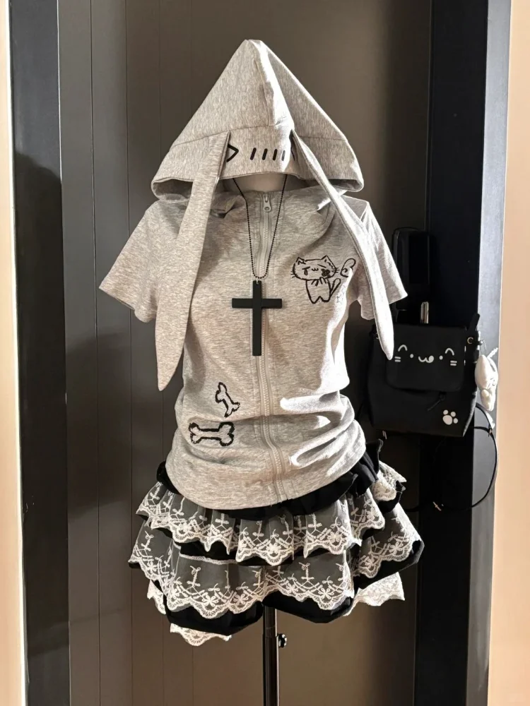Japanese Cute Rabbit Ears Hooded Women Cartoon Print Short Sleeve Slim Zipper Top Summer Sweet Y2k Hoodie Coats