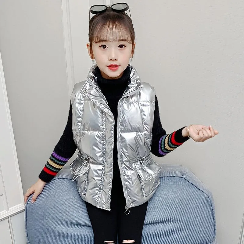 Girls' 2025 Winter Thermal Insulated Cotton Vest Plus Size Warm Denim Cotton Jacket with Glossy Finish Easy Care Kids Outerwear