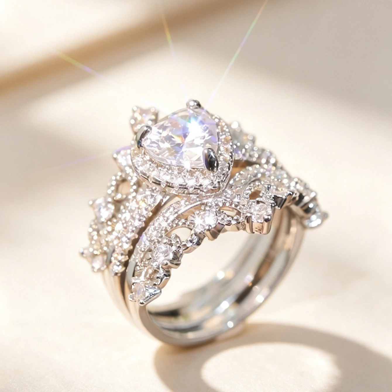 Women Heart‑Cut Synthetic Zircon 3‑Piece Stackable Bridal Ring Set Gold‑Tone Hollow Lace Wedding Engagement Finger Ring Fashion Jewelry
