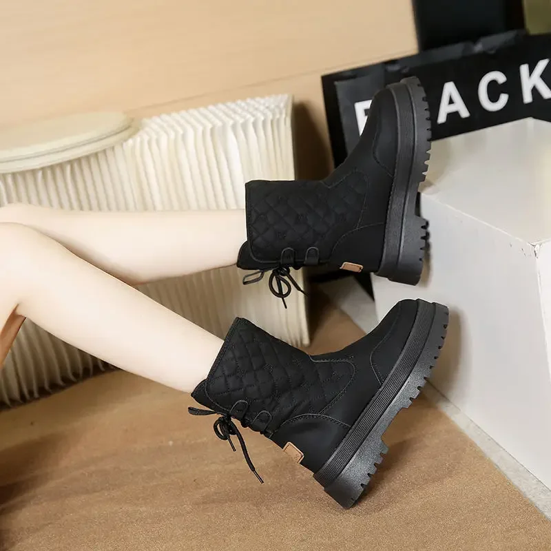 Half High Fleece-Lined Snow Boots for Women Leather Warm Round Toe Designer Luxury Winter 2025 Novelty Quality Lamb Woman Shoes