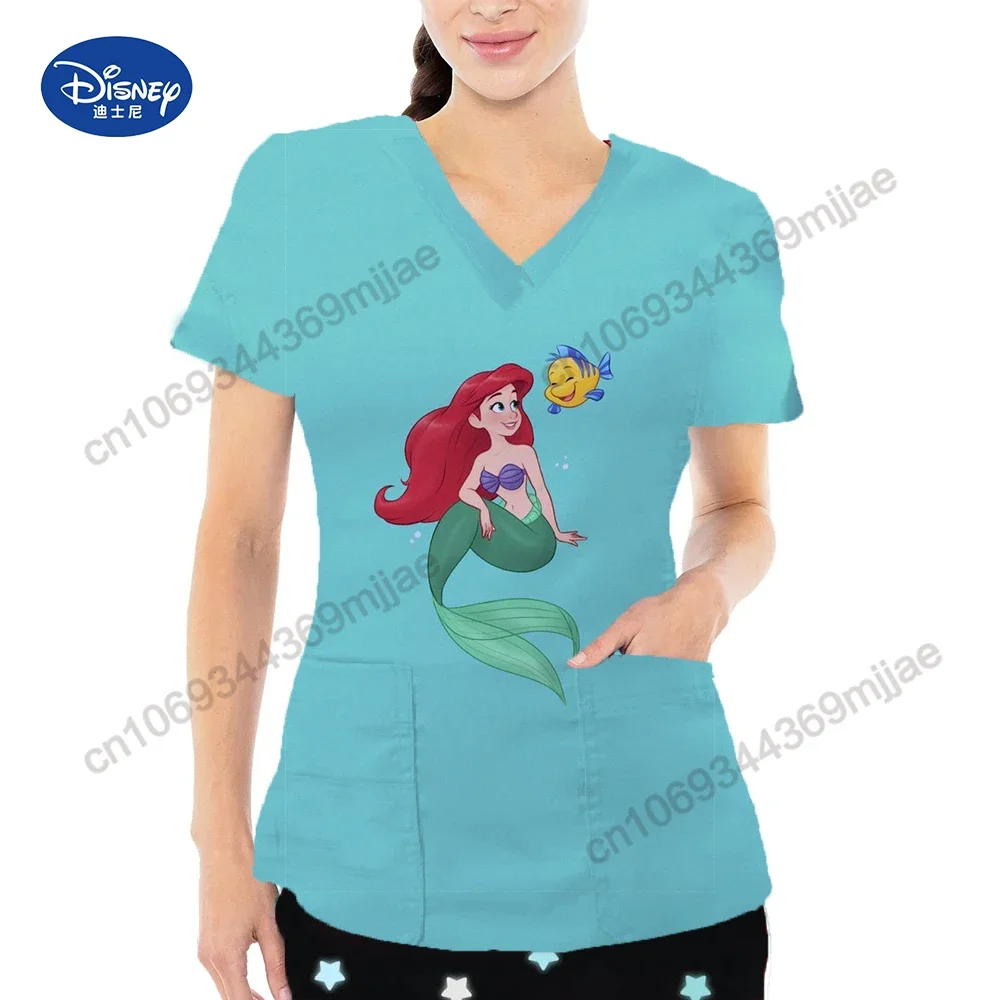 

Summer Short Sleeves Pocket Women's Tops Cartoon Women V-neck Crop T-shirts