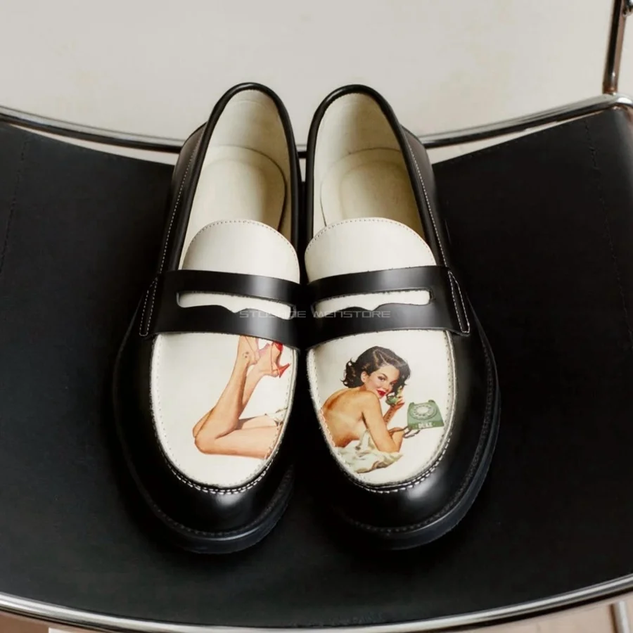 Vintage Black White Penny Loafers Unisex Hand Drawn Pin Up Girl Printed Square Toe Slip On Casual Leather Shoes Plus Size 36-45