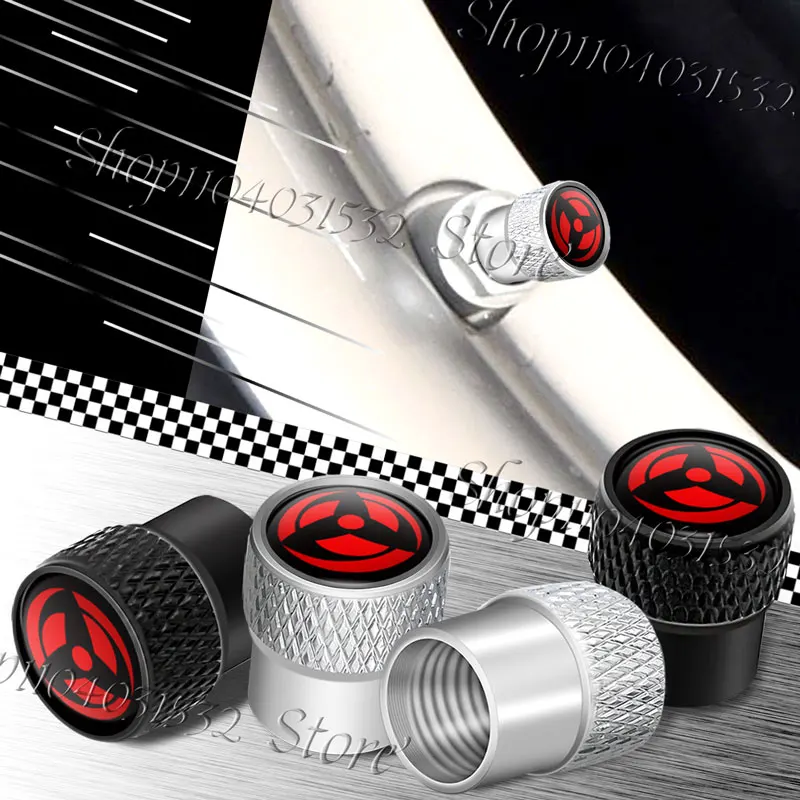 Car Decor 4Pcs Naruto Writing Wheel Eye Emblem Metal Wheel Tire Valve Stem Cap Airdust Waterproof Cover Universal Accessories