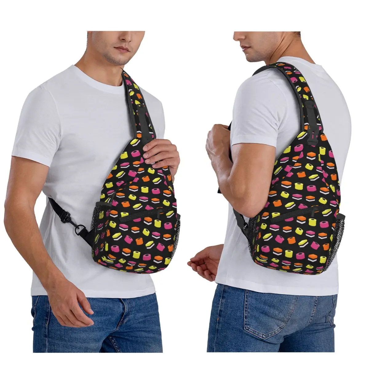 Liquorice Allsorts Sweets Chest Bag Men Sling Crossbody Backpack Chest Bag Travel Hiking Daypack Shoulder Bag