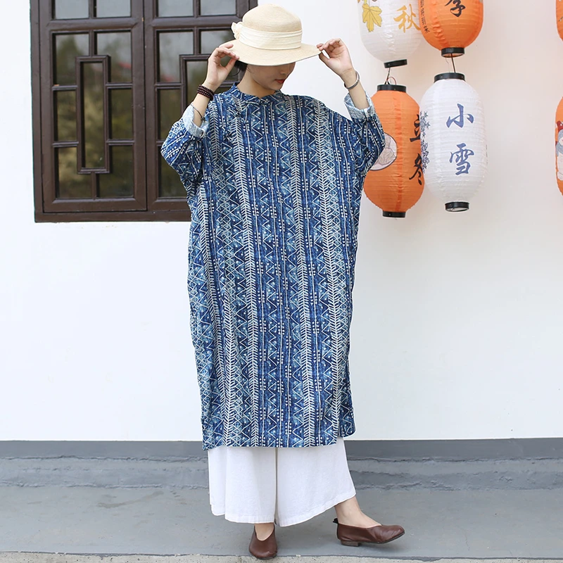 

Chinese Style Women Cotton Linen Long Dress New Arrival 2025 Spring Vintage Mandarin Collar Print Female Casual Dresses M1199