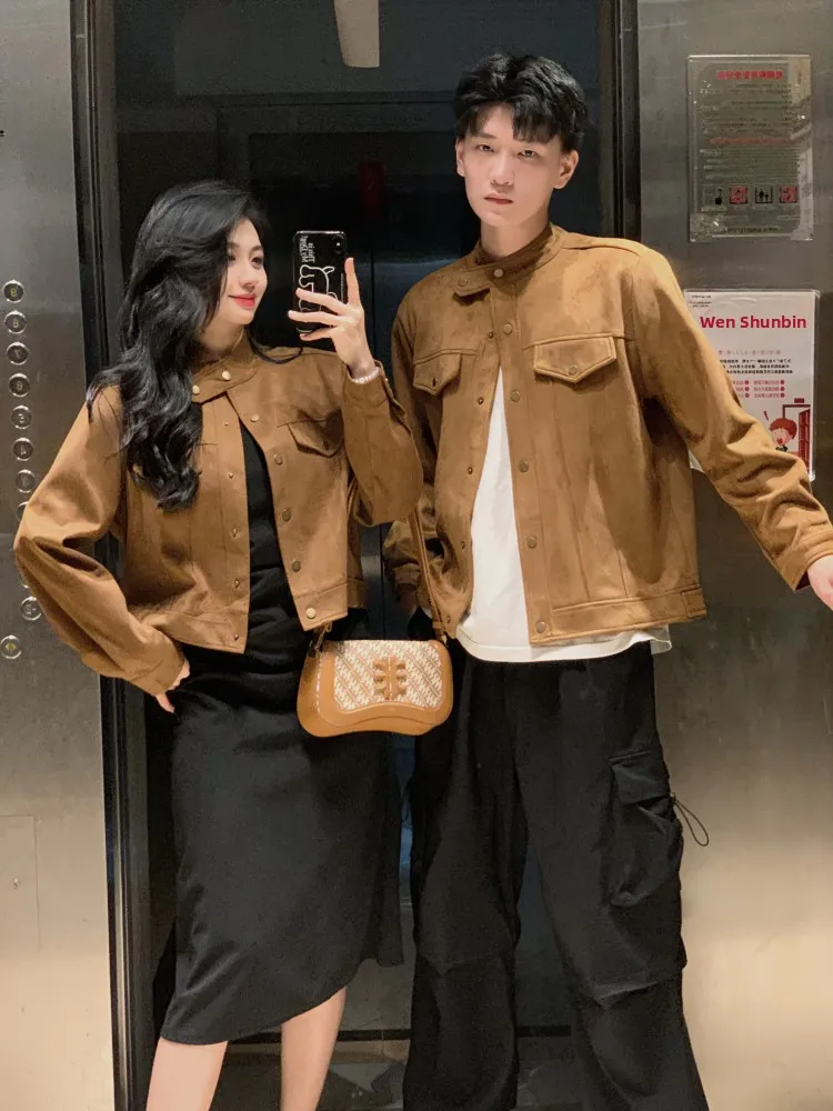 American Retro Suede Jacket Spring Autumn Versatile Design Long Short Outerwear for Couples Youthful Popular Loose Fit Coat