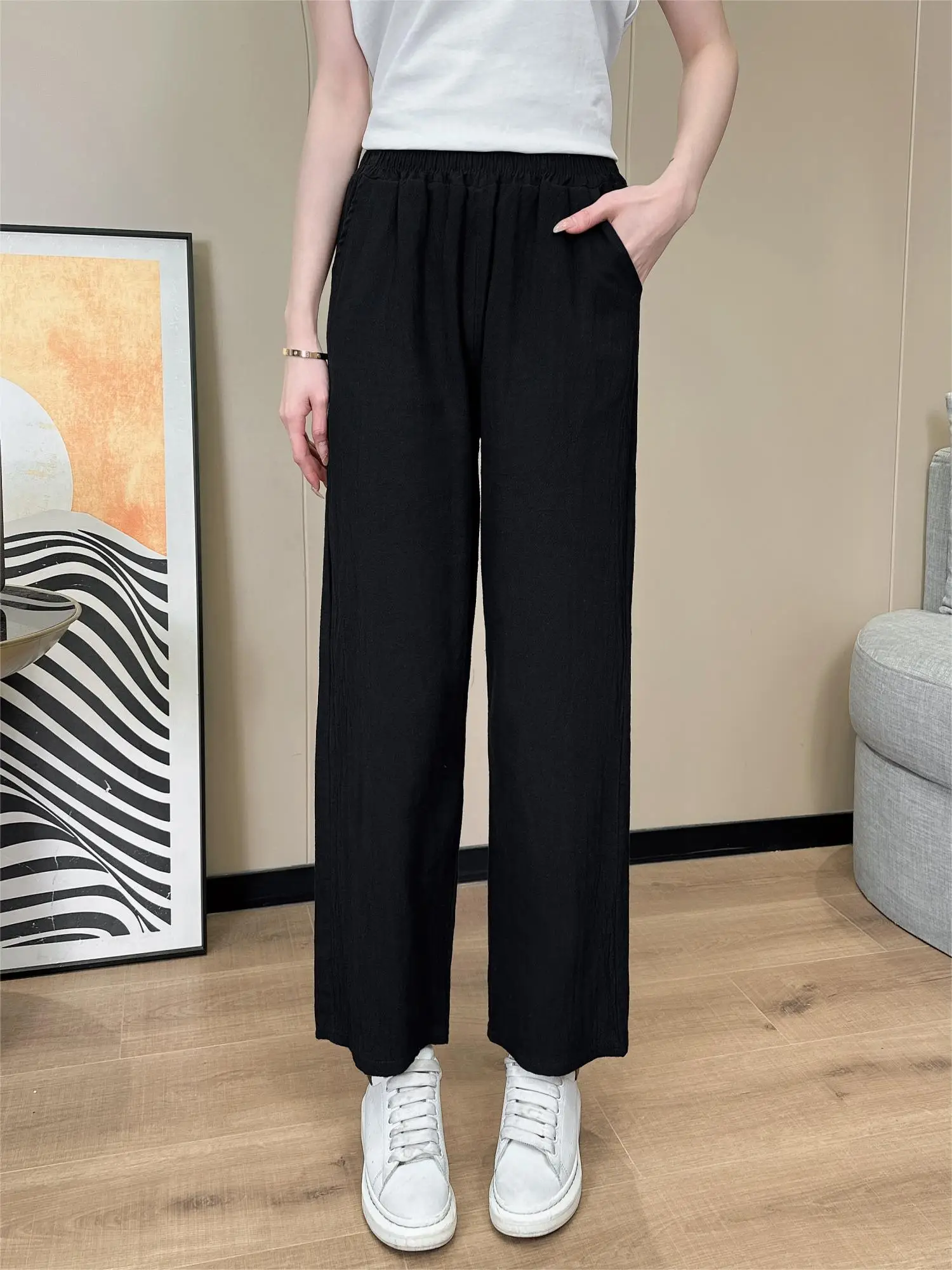 2024 Summer New Korean Cotton Linen Wide Leg Women\'s Cropped Pants Thin Loose Casual High Waist Straight Trousers Woman Clothing