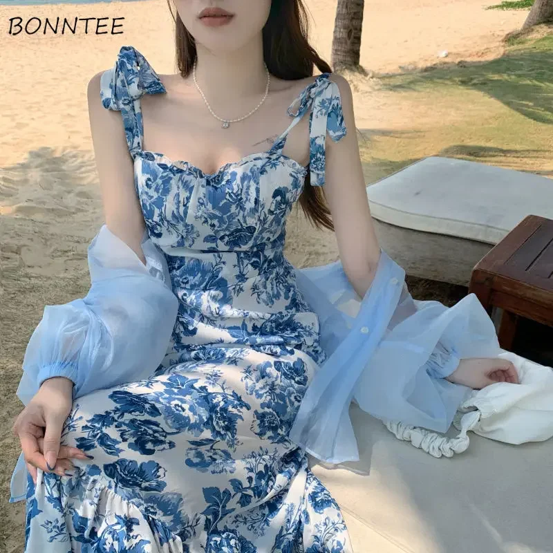 Dress Women Summer Design Ankle Length Ruffles French Flower Sleeveless Sundress Sqaghetti Temperament Female Classic Holiday