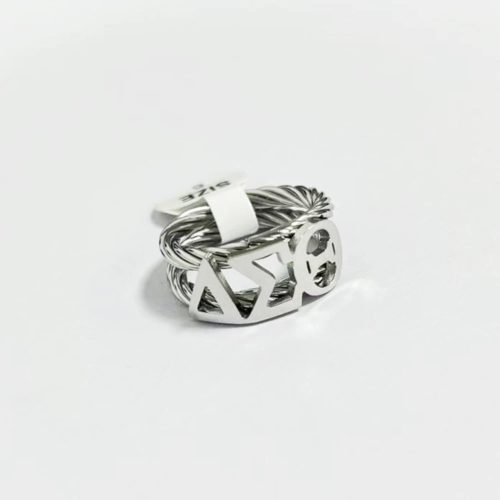 Custom-designed gold and silver-plated stainless steel Delta sorority ring