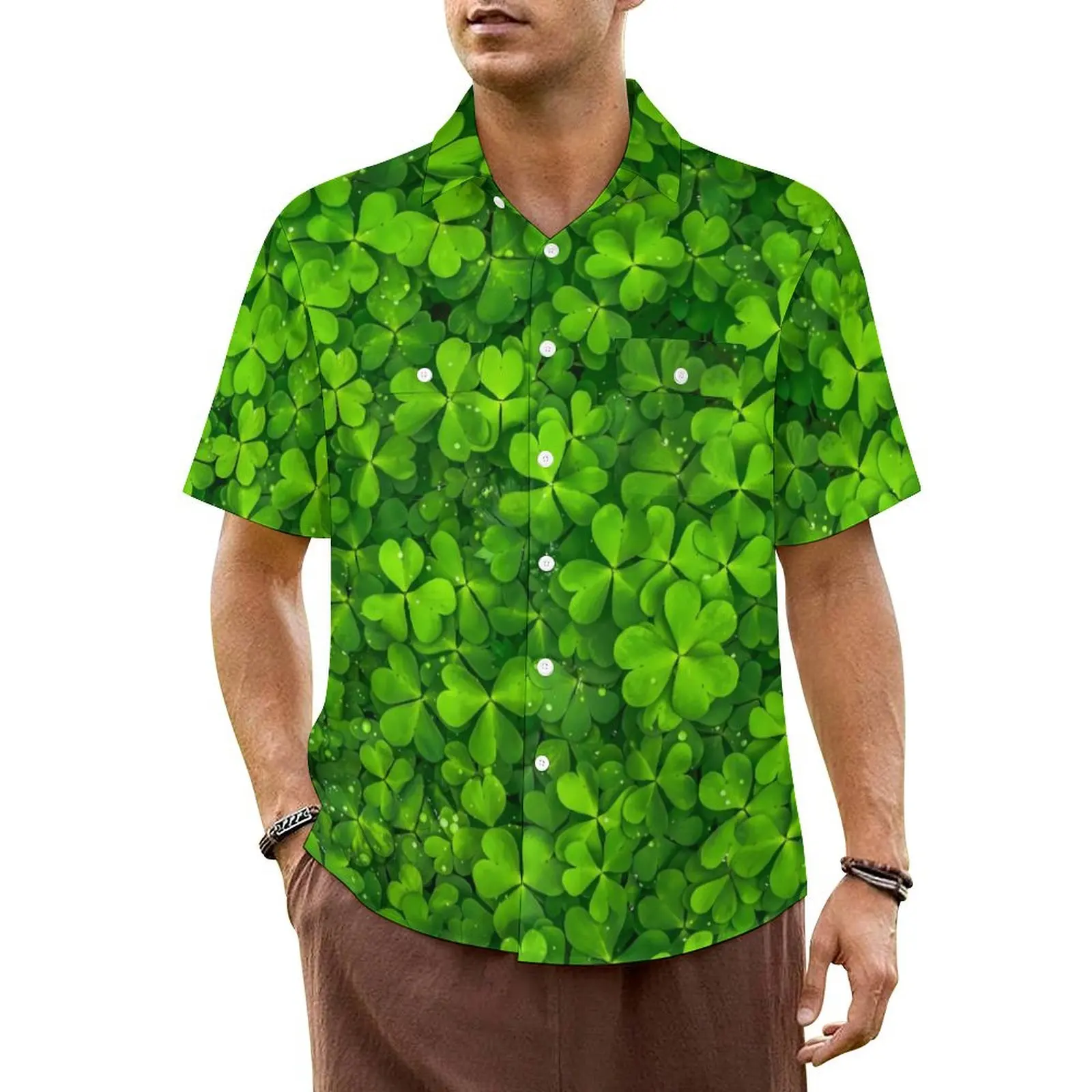 

St Patricks Day Beach Shirt Field of Shamrocks Hawaiian Casual Shirts Men Vintage Blouses Short Sleeve Y2K Fashion DIY Clothing