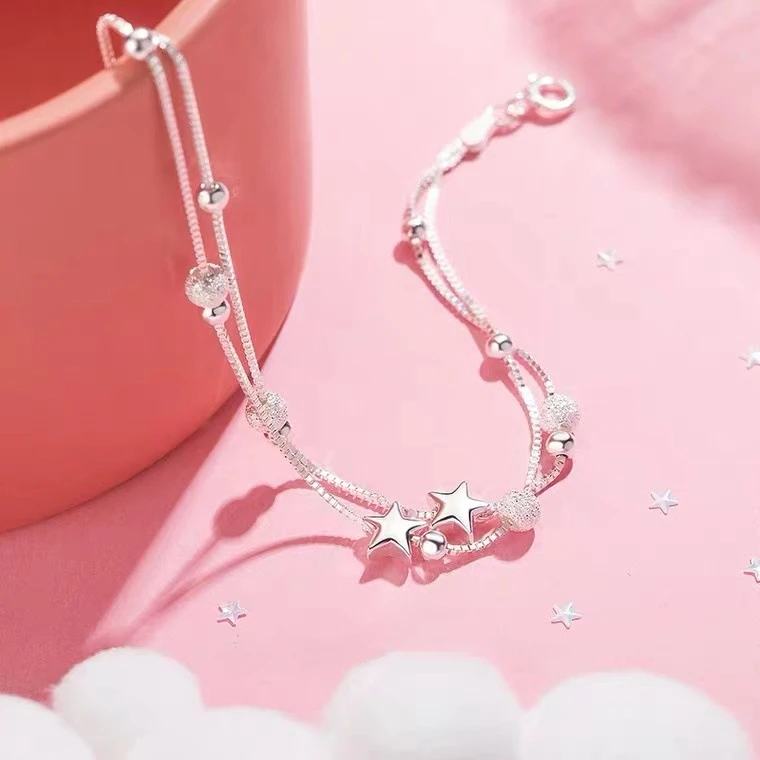 925 Silver Double Layered Star Bracelet For Women Korean Versatile Frosted Bead Bracelets Original Party Jewelry Holiday Gifts