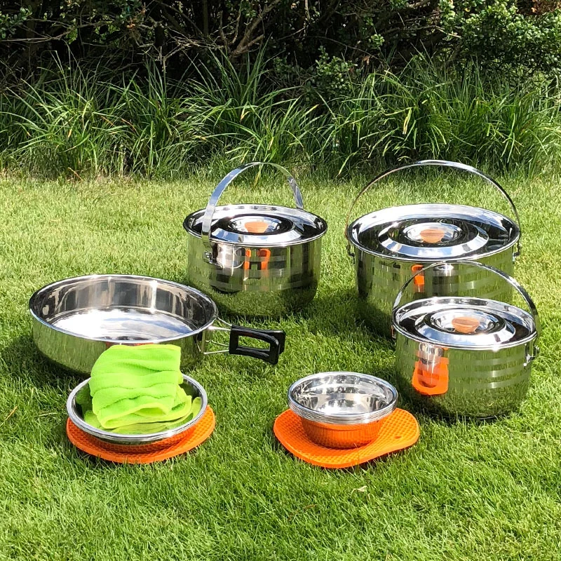 

Stainless Steel Outdoor Camping Cooking Pot and Pans Cookware Set Camping Kitchen Pot Set for Outdoor