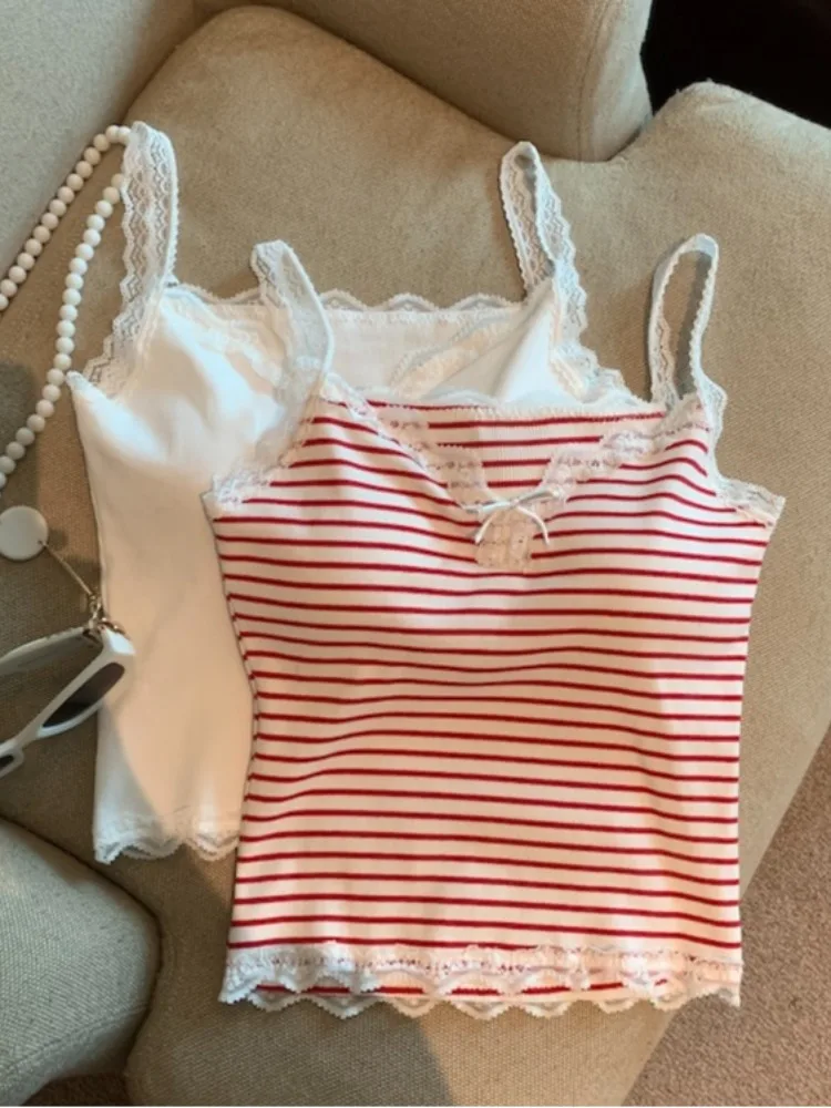 

Sweet And Spicy Lace Trim Halter Vest Women's Short Fit Striped Knot Top Korean Style Commute Pure Desire Fashion