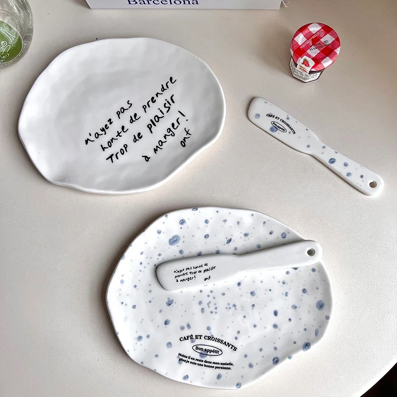 Ceramic Plate Dinner Set INS Lovely Tulip Donuts Butter Cheese Knife French Dessert Plate Jam Cream Spatula Wedding Tableware