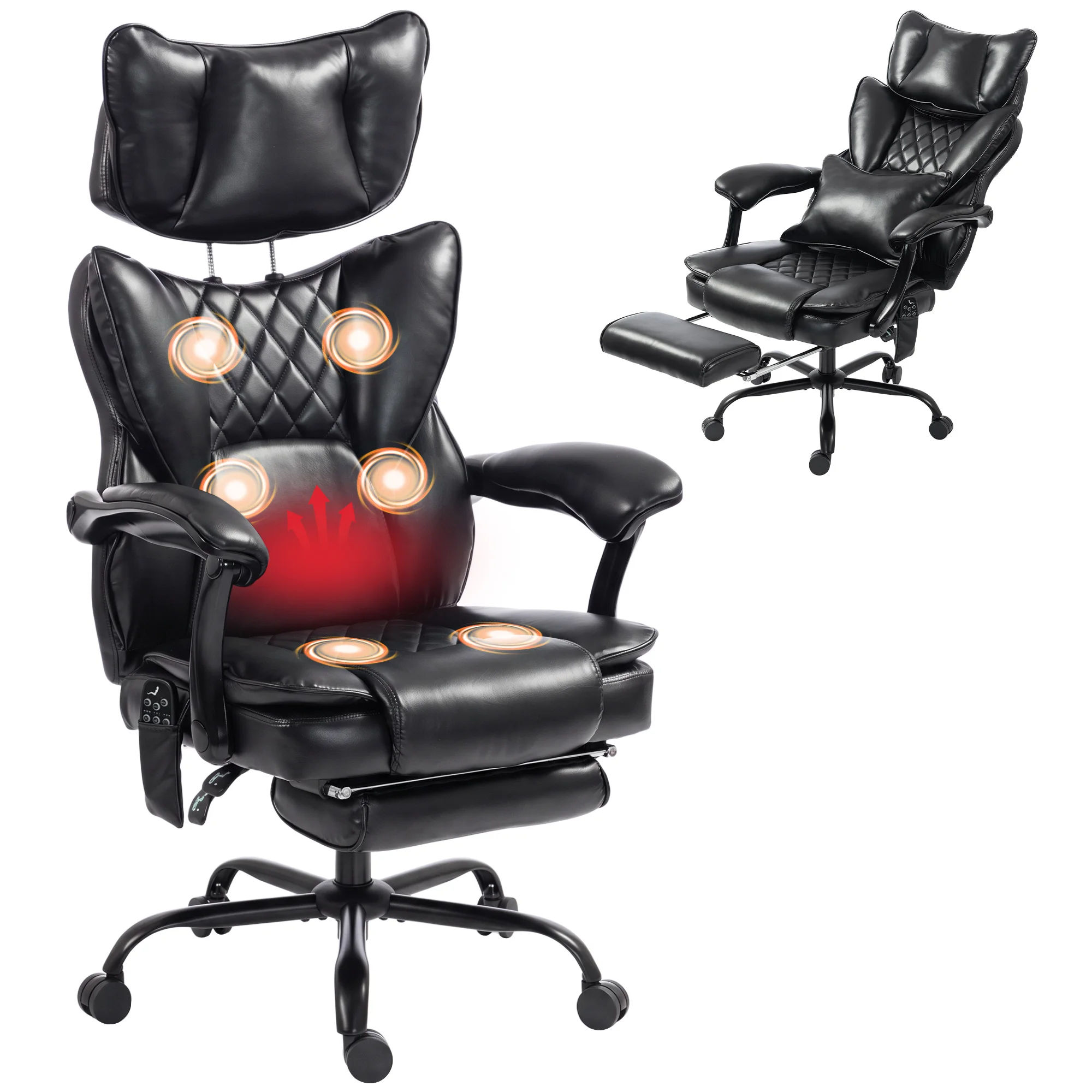 Vibration Massage Heated Office Chair W/ Footrest, Headrest, Black