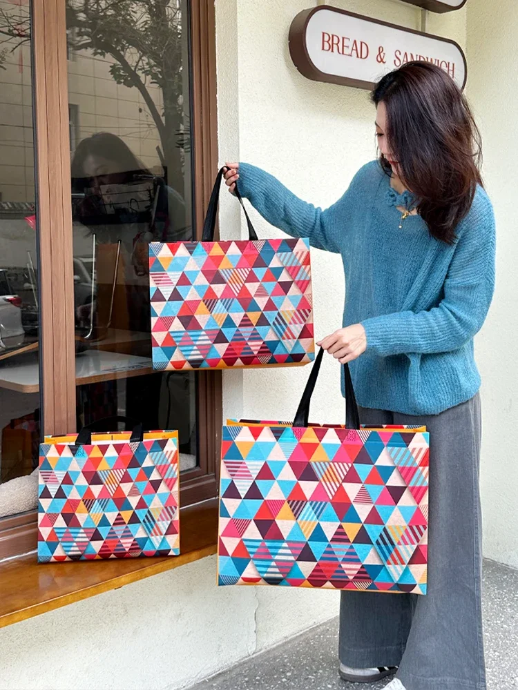 10pcs Bohemian Style Handbags Clothing Store Geometric Large Capacity Non-woven Bags Gift Shopping Packaging Bag Bright Reusable