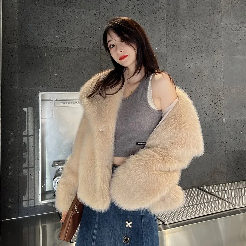 Stylish large lapel-neck imitation fur coat, feminine elegant celebrity long-sleeved thermal coat, fluffy top