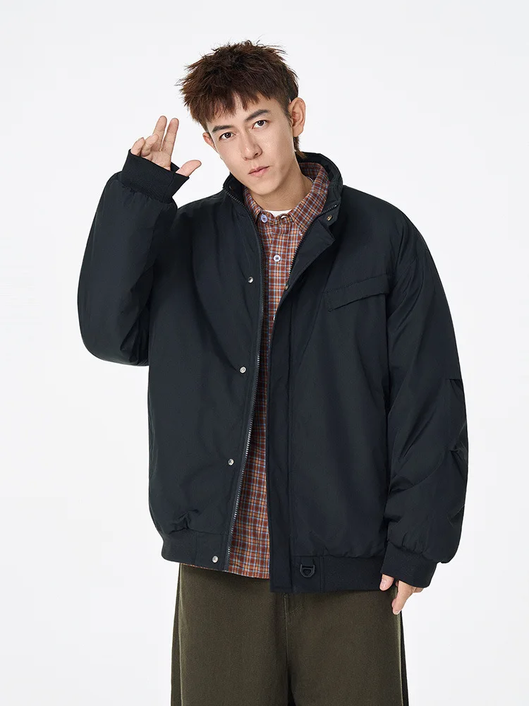 

Vintage Winter Men's Ultra-fine Dark Check Texture Cotton Jacket Stand Collar Cotton Coat