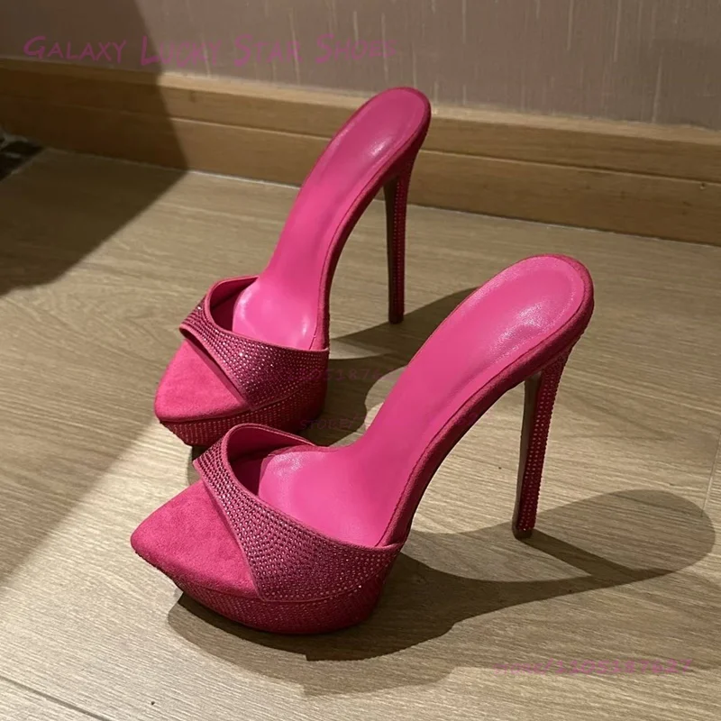 

Crystal Silver Diamond Glitterati Fuchsia Sandals Pointed Shallow Platform Open Heels Girl Slip Bling Slingback Club Party Shoes