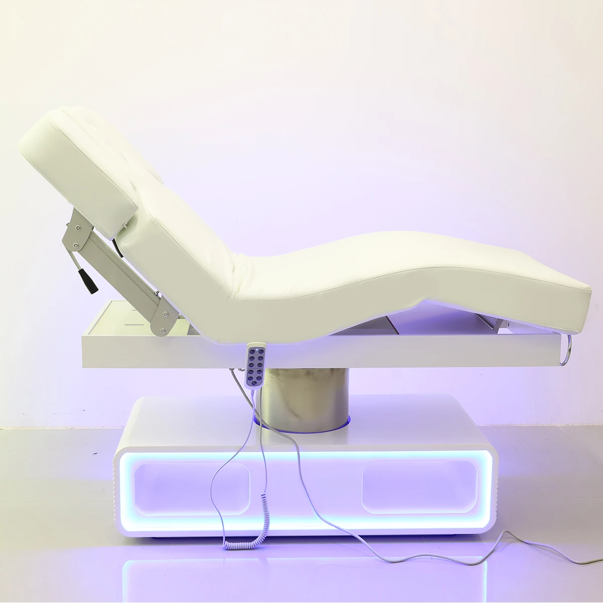 Luxury Electric Facial Bed White PU Single Cylinder Base LED Ambient Light Storage Cavity Adjustable Reclining Massage Table for