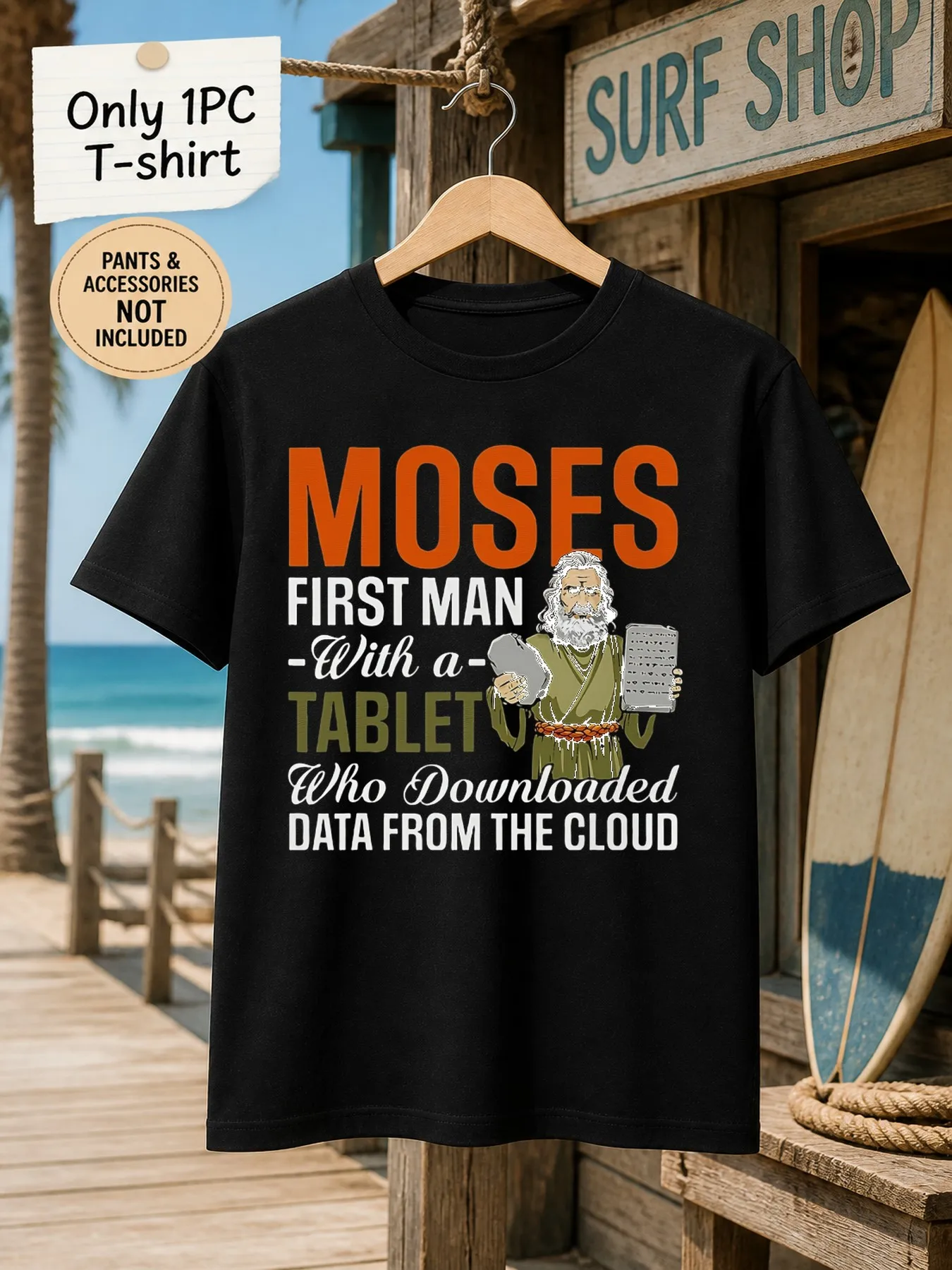 1pc Men'S Graphic T-Shirt Funny Moses First Man with a Tablet Who Downloaded Data from The Cloud Short Sleeve Crew Neck Regular Fit