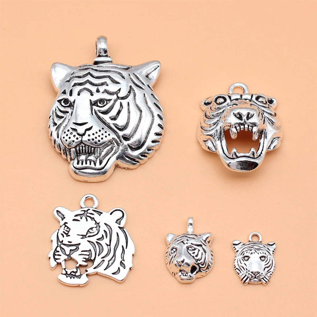 5pcs Antique Silver Color Tiger Charms Collection For DIY Jewelry Making, 5 Styles, 1 of Each