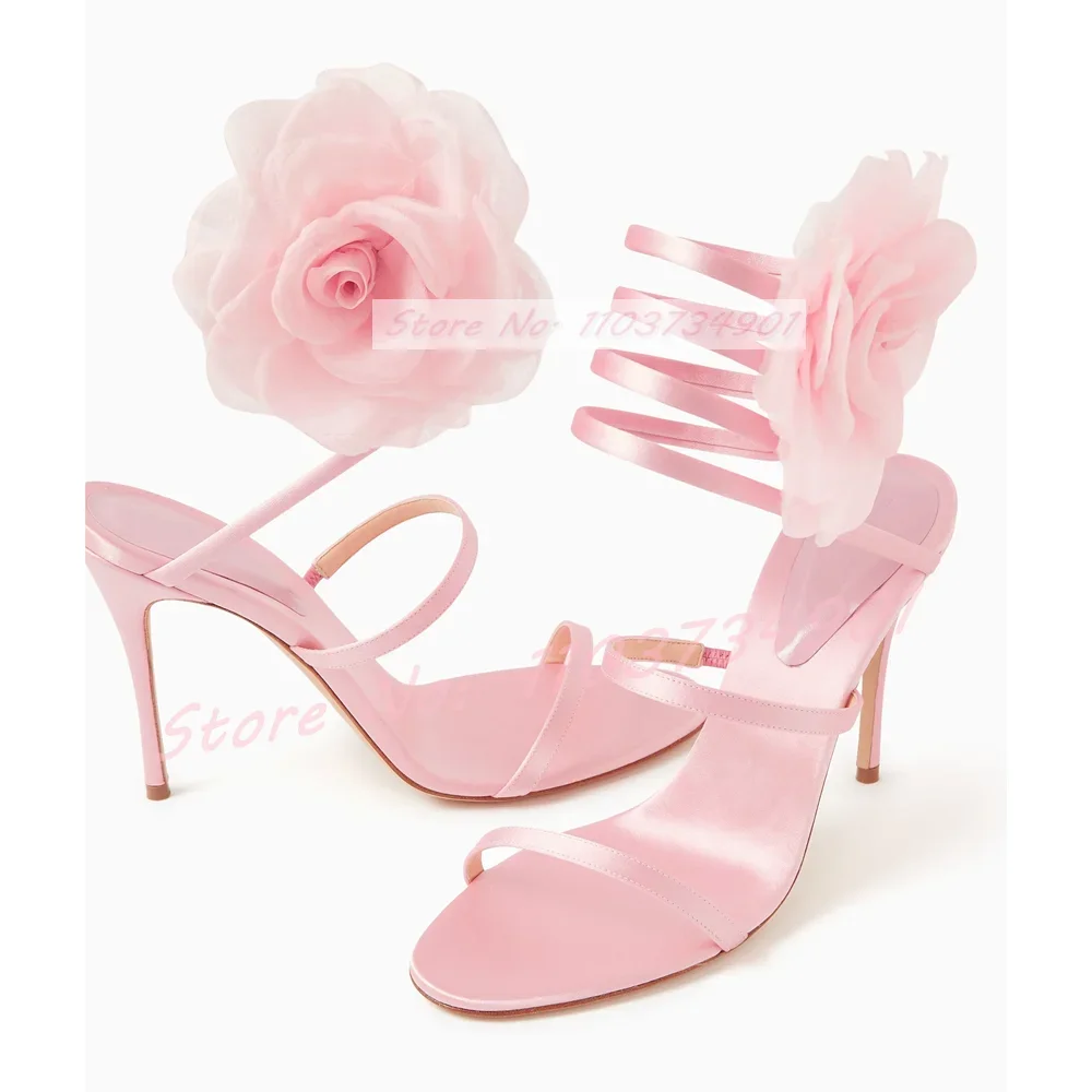 Pink Lace Flower Fairy Cross Strap Sandals Women Elegant Satin Round Toe Stiletto Shoes Ladies Luxury Fashion High Heels Sandals view 3