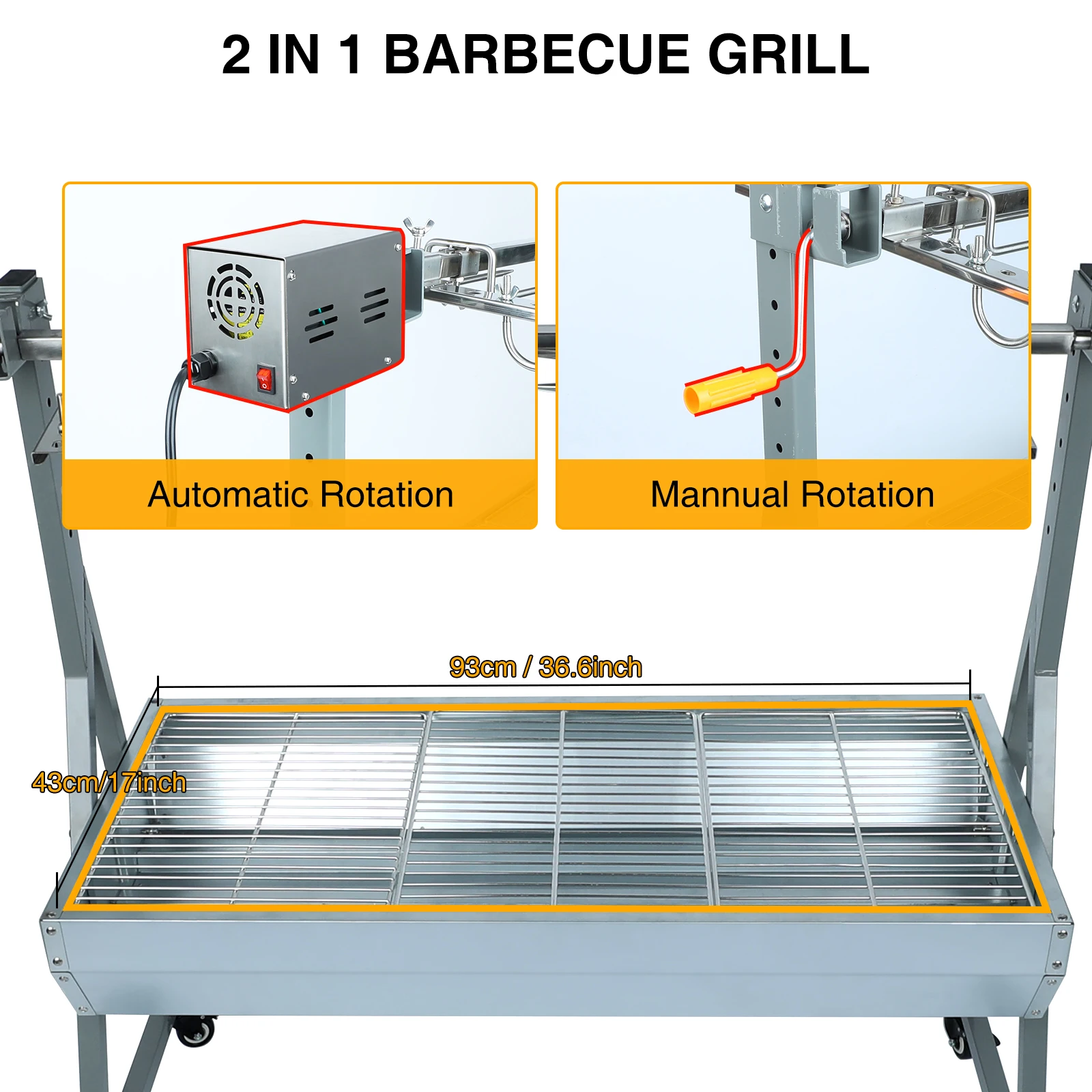 Asador para parrilla de asador, parrilla de carbón de 132 libras, parrilla para barbacoa al aire libre, asador de escupir para cerdo y cordero con motor de 25W y manivela