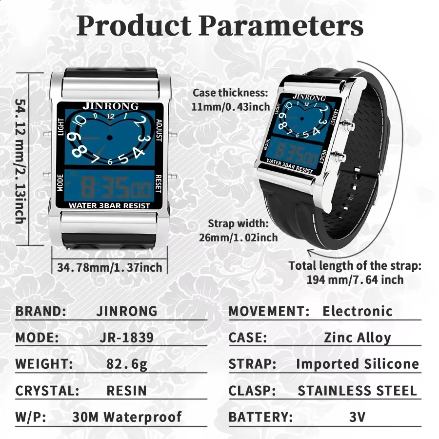 남녀 공용 패션 스포츠 크로노그래프 시계, 디지털 및 포인터 듀얼 디스플레이, 30M 방수, 아연 합금 직사각 케이스