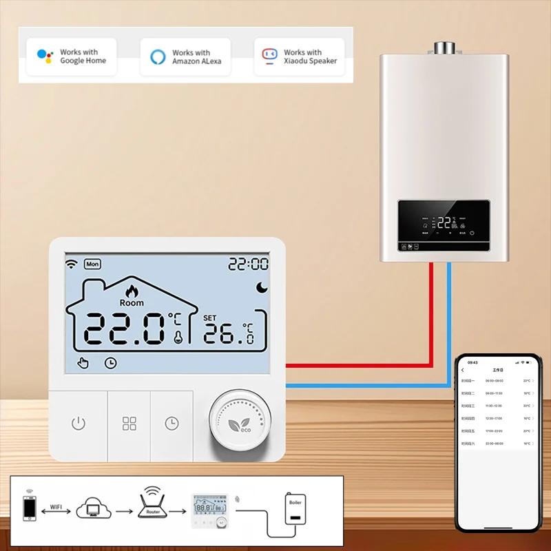 

Умный беспроводной термостат Tuya WIFI с низким энергопотреблением, приложение для дистанционного управления, ЖК-дисплей, настенный термостат для котла