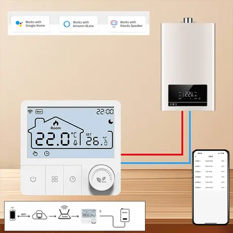 La aplicación de termostato inalámbrico inteligente Tuya WIFI de baja potencia controla remota pantalla LCD termostato de caldera montado en la pared