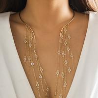 Sexy Goth Long Tassel Star Crystal Sequin Pendant Open Torques Choker Necklace for Women Vintage Chest Chain Wed Accessories New