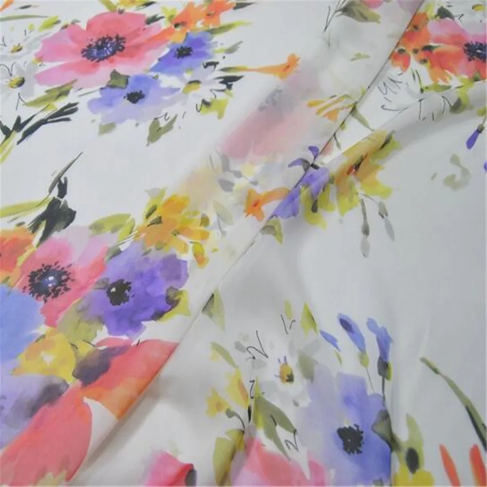 Fresh White Base Big Flower Print 100% Pure Silk Chiffon Fabric for Girl Party Elegant Dress