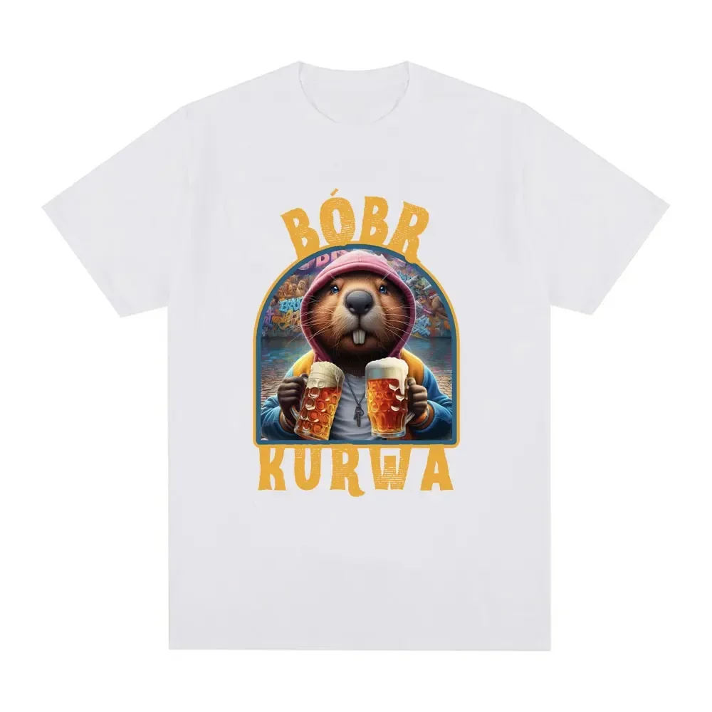 Bober Kurwa Bobr T-shirt Funny Beaver Drinking Beer Meme Women's Fashion Hip Hop Loose T-shirt Street Clothing Graphic T Shirts