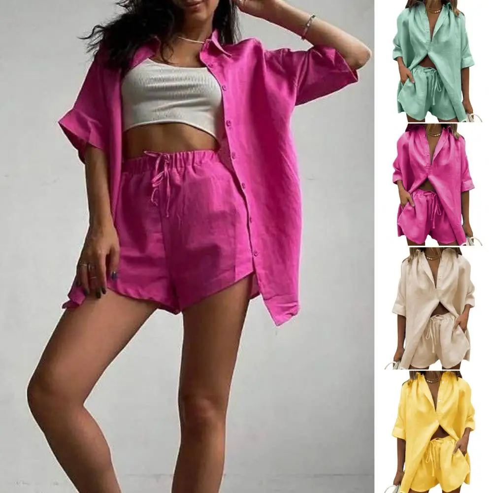 Women Suit Set Stylish Women's Shirt Shorts Set with Lapel Collar Blouse High Waist Pants Commute Outfit for Fashionable Ladies