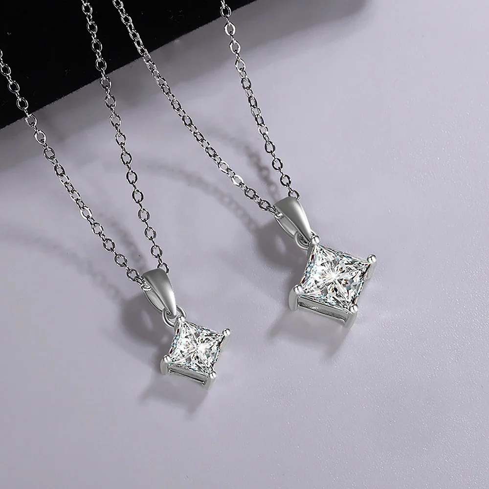 1/2carat GRA Certified Princess Cut Moissanite Pendant Necklace 925 Sterling Silver D Color Square Solitaire Diamond Neck Chain