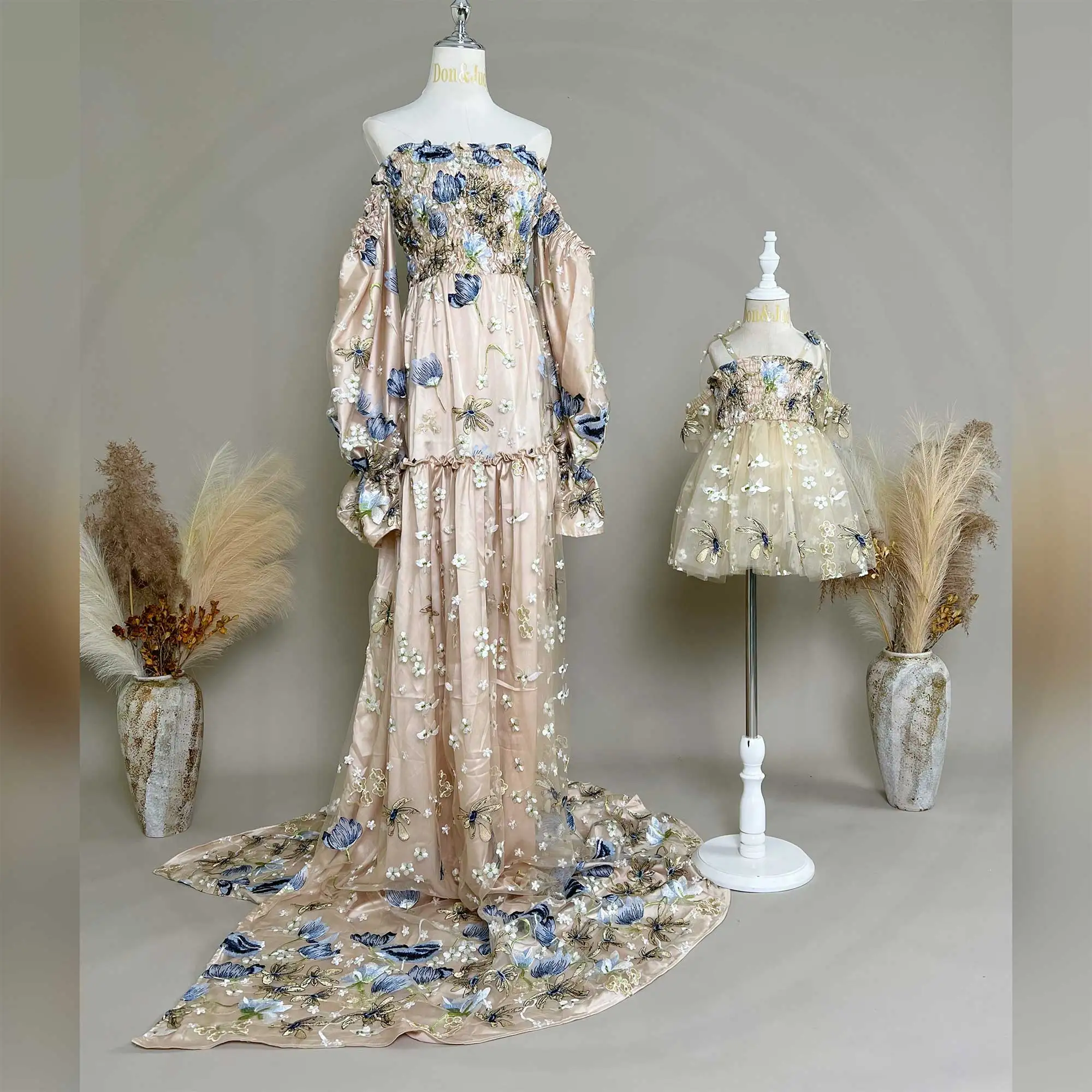 Don&Judy Chiffon Matching Set Mother Daughter Off-Shoulder Floral Embroidered Gown with Puffed Evening Party Dress Photoshoot